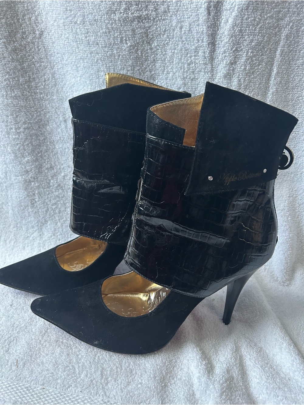 Apple Bottoms Black Pointed-Toe Stiletto Ankle Boots with Gold Interior